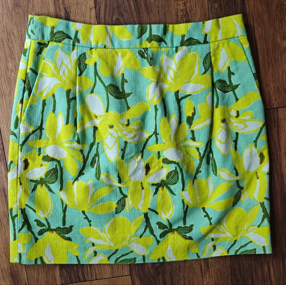 J. Crew Cotton Tweed Floral Mini Skirt Women's 4 Pleated Yellow Seafoam Woven‎
